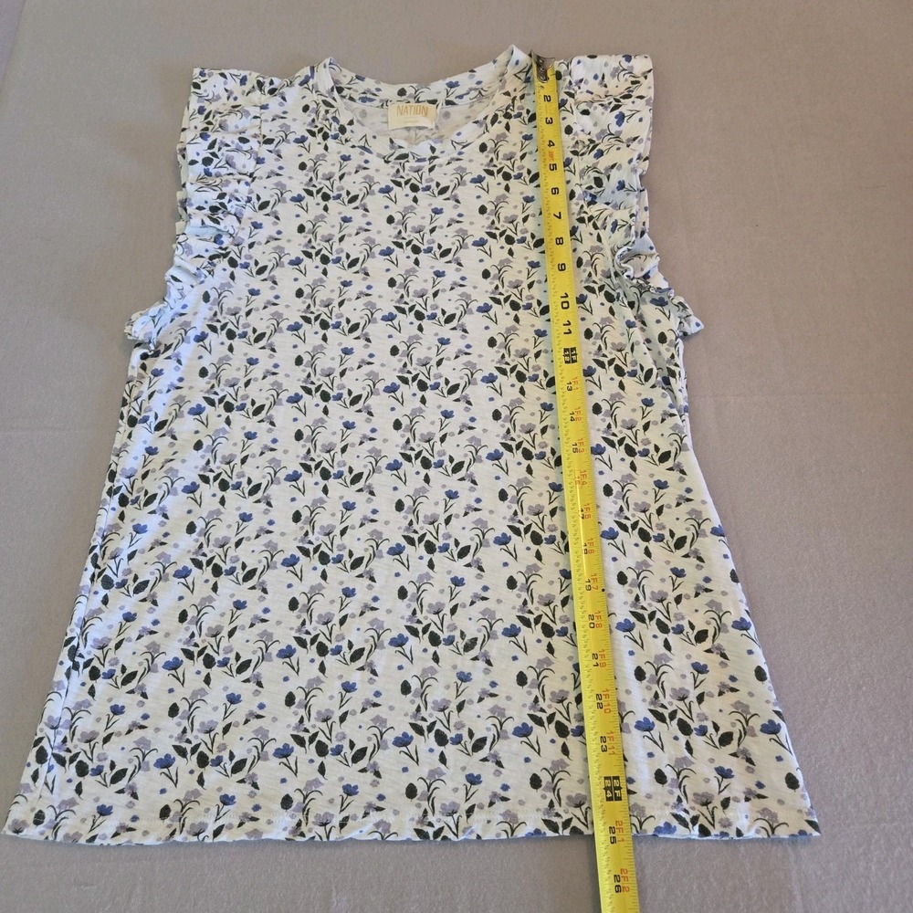 Nation LTD Womens Blue Floral Ruffle Pima Cotton Sleeveless Top Large RN150751 - Picture 6 of 10